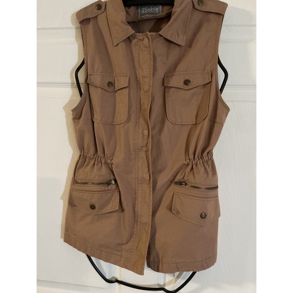 2Sable Womens Utility Safari Vest Mauve Brown Cinched Waist Pockets Small